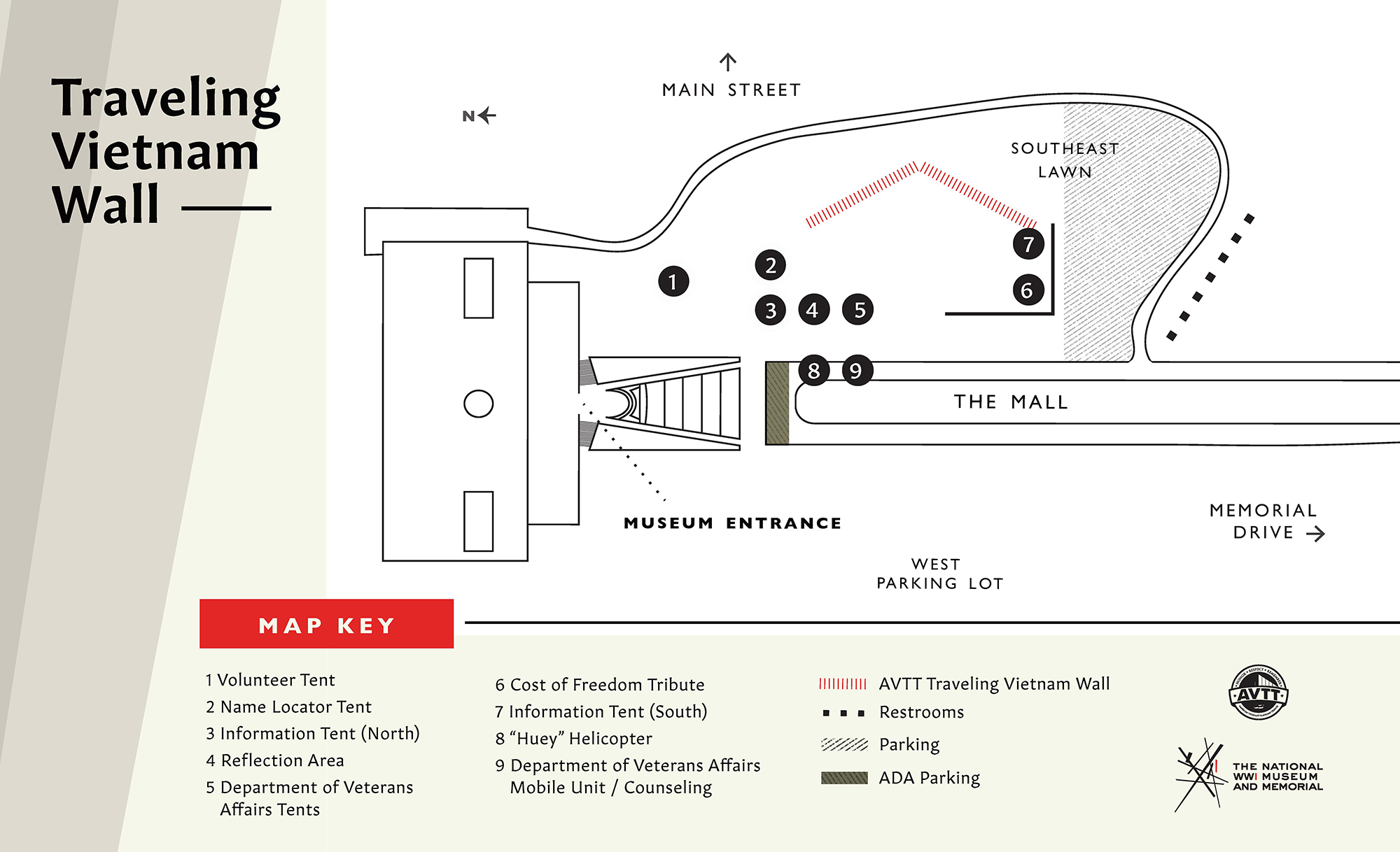 Map of the grounds with the Vietnam Wall on the Southeast Lawn