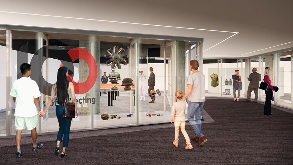 Digital rendering of a Collections and Research area bounded by glass walls. Museum guests on the other side of the glass watch Museum staff at work.