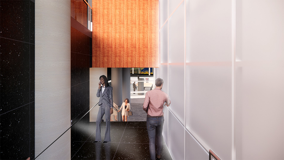 Digital rendering of a modern design staircase, looking down