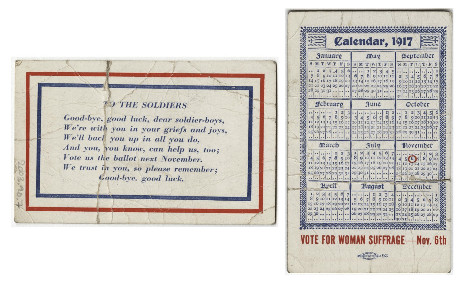 Scans d'une carte vintage imprimée avec un message pro-suffrage et un mini calendrier