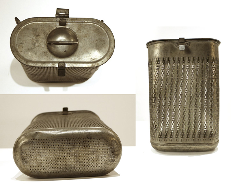 Collage of the top, bottom and side of a metal tea and coffee strainer