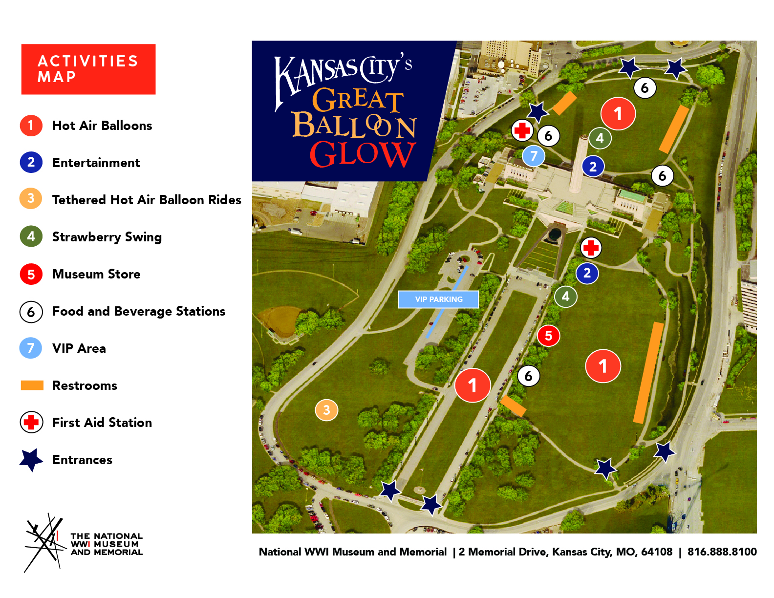 Map of the Museum and Memorial grounds with markers and legend for the Balloon Glow event