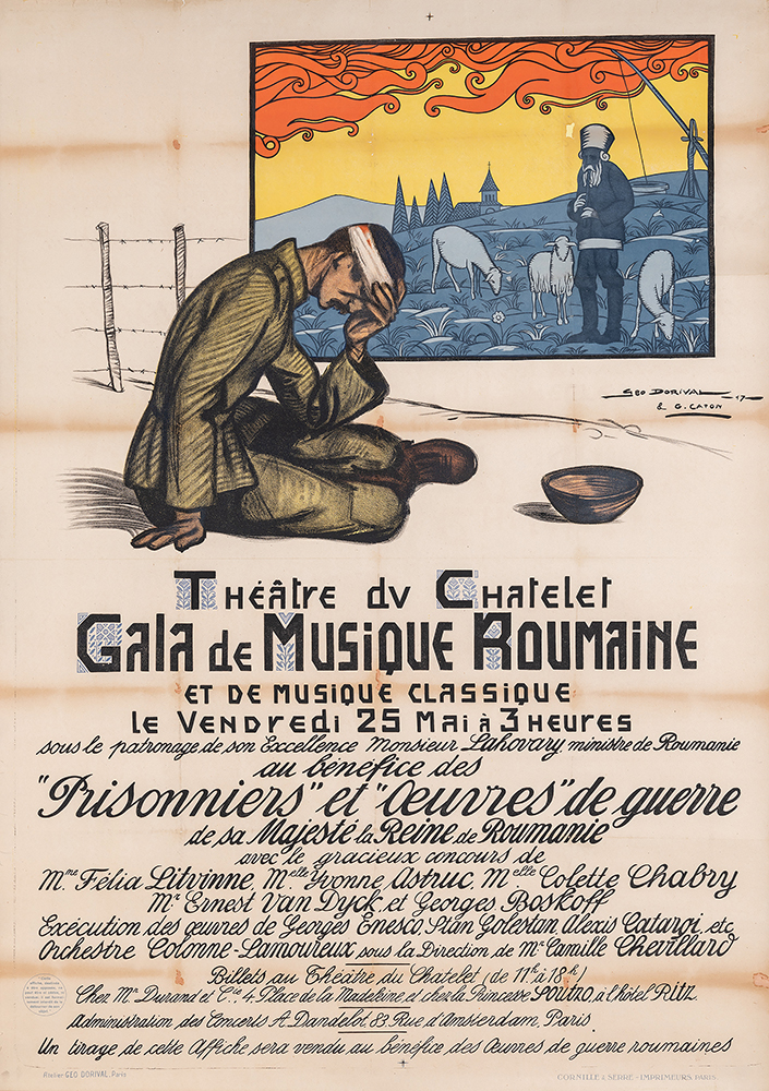Scan of a WWI-era poster. Text: Theatre du Chatalet / Gala de Musique Roumaine. Painting: A young white male in uniform sits defeated on the ground with a bandage wrapped around his head.