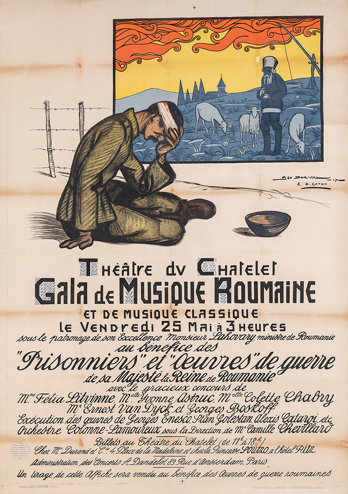 Scan d'une affiche datant de la Première Guerre mondiale. Texte : Théâtre du Chatalet / Gala de Musique Roumaine. Peinture : Un jeune homme blanc en uniforme est assis vaincu sur le sol avec un bandage enroulé autour de sa tête.