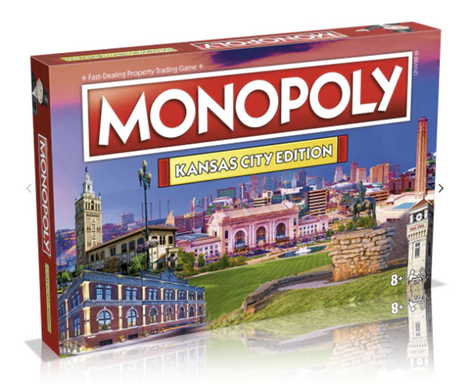 Photograph of the box for a Monopoly game printed with pictures of Kansas City destinations