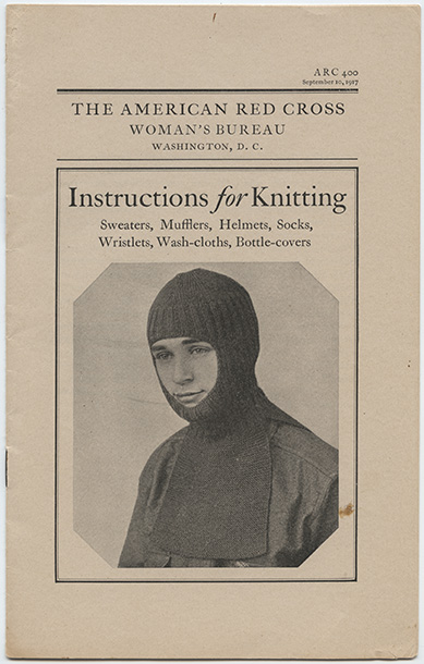 Scan of a pamphlet cover. Text: The American Red Cross / Instructions for Knitting. Image: Drawing of a person wearing a ski mask-style head covering.