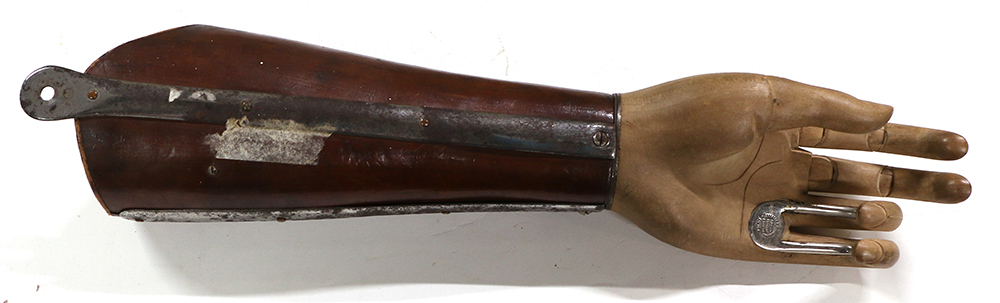 Modern photograph of a wooden artificial hand and forearm