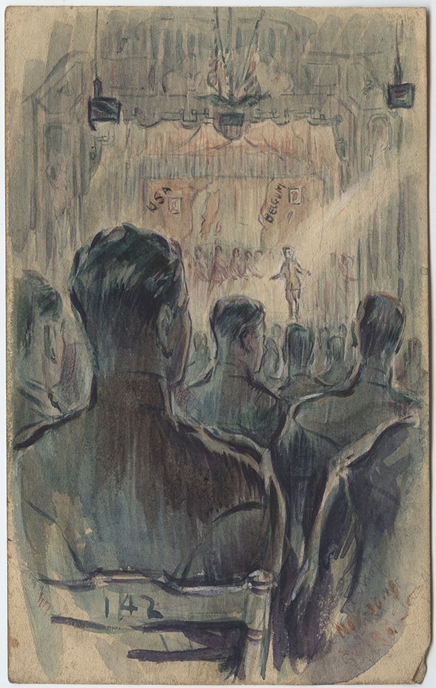 Scan of a watercolor painting depicting a stage with a lone performer in the spotlight. The point of view is that of an audience member seated behind several rows of soldiers in uniform.
