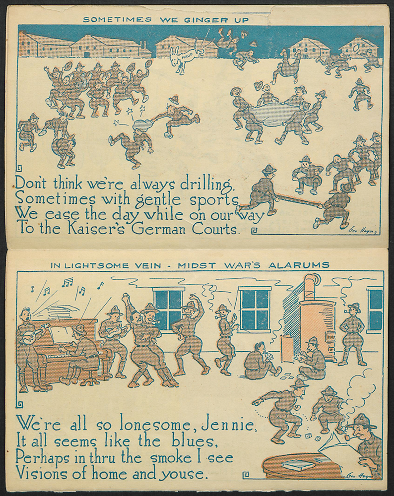 Scan of a double-sided four-fold postcard with cartoon illustrations of soldiers engaging in a variety of amusements.