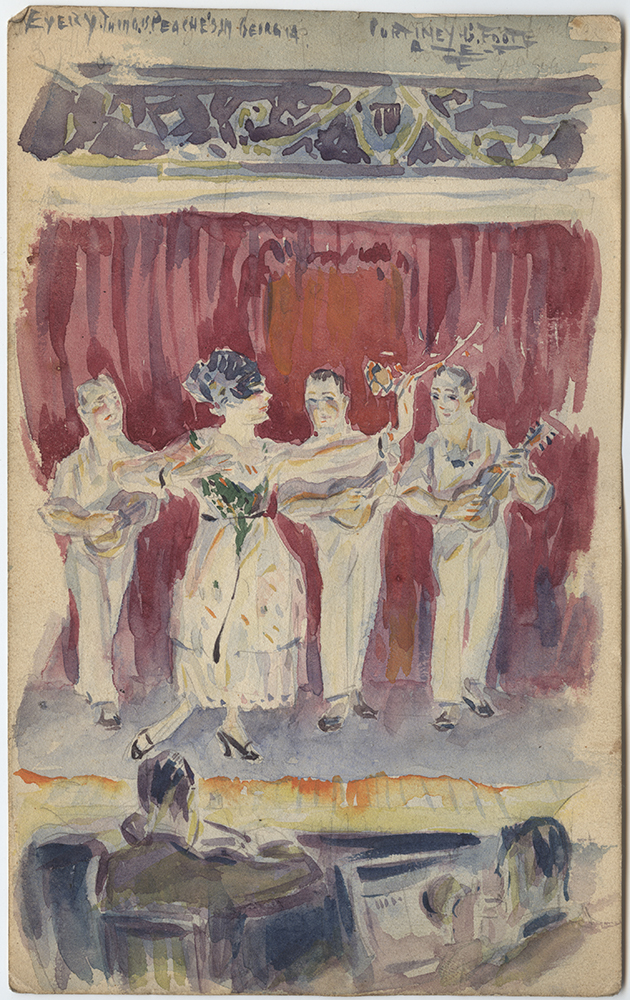 Scan of a watercolor painting depicting a stage with three people in trousers strumming on guitar-like instruments and one person in a dress singing or dancing.