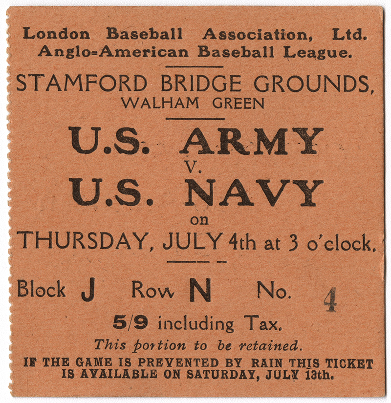Scan of a orange piece of paper with typewritten words on it. Text: U.S. Army v. U.S. Navy on Thursday, July 4th at 3 o'clock