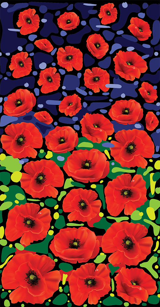 Stylized poppies floating over blue and green paint strokes.