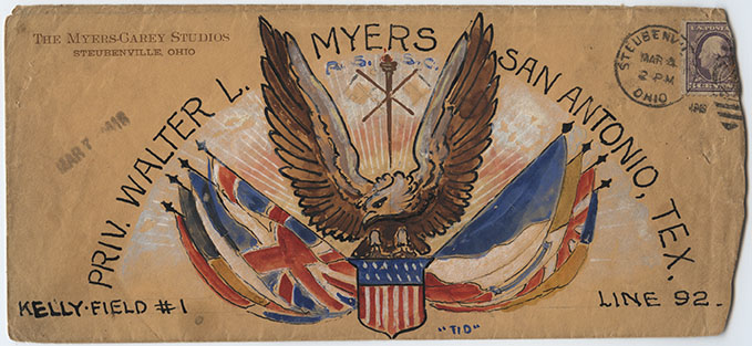 Scan of a vintage envelope. Painted with a crest consisting of an eagle with wings outstretched and flags of eight nations.