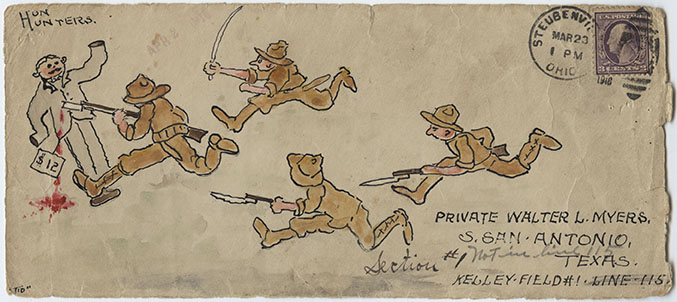 Scan of a vintage envelope. Painted with a cartoon of four soldiers running towards a man with a mustache. The lead soldier has stabbed the mustached man.