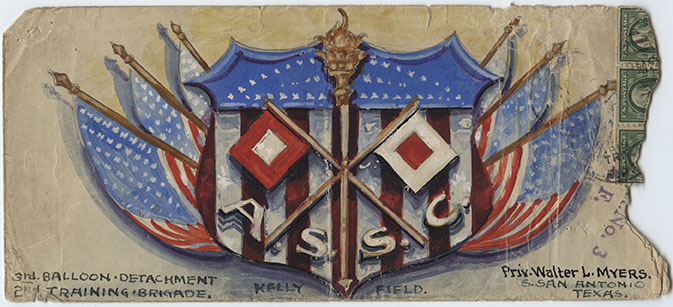Scan of a vintage envelope. Painted with a grand crest in red, white and blue with six U.S. flags sweeping out the sides.