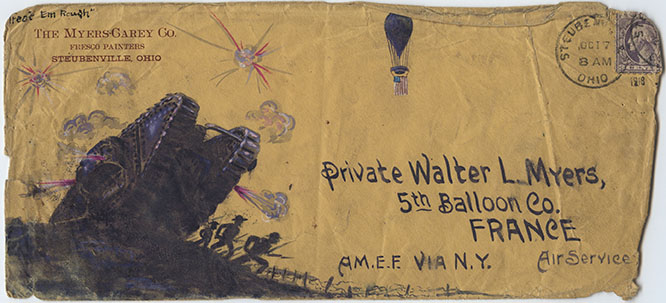 Scan of a vintage envelope. A tank is painted in the corner, looming over silhouettes of soldiers running forward with bayonets.
