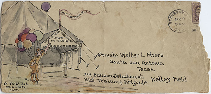 Scan of a vintage envelope. Painted with a scene of a soldier holding a bunch of balloons standing in front of a large tent.