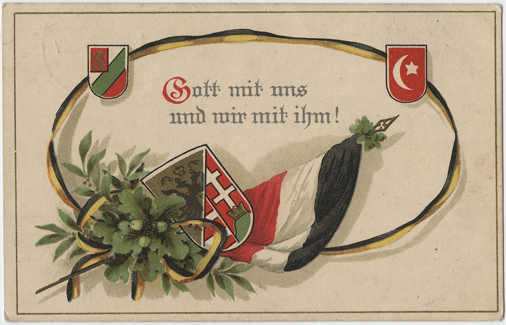 Scan of a vintage postcard. Various country symbols and flags surround calligraphic text. Text: 'Gott mit uns un wir mit ihm!'