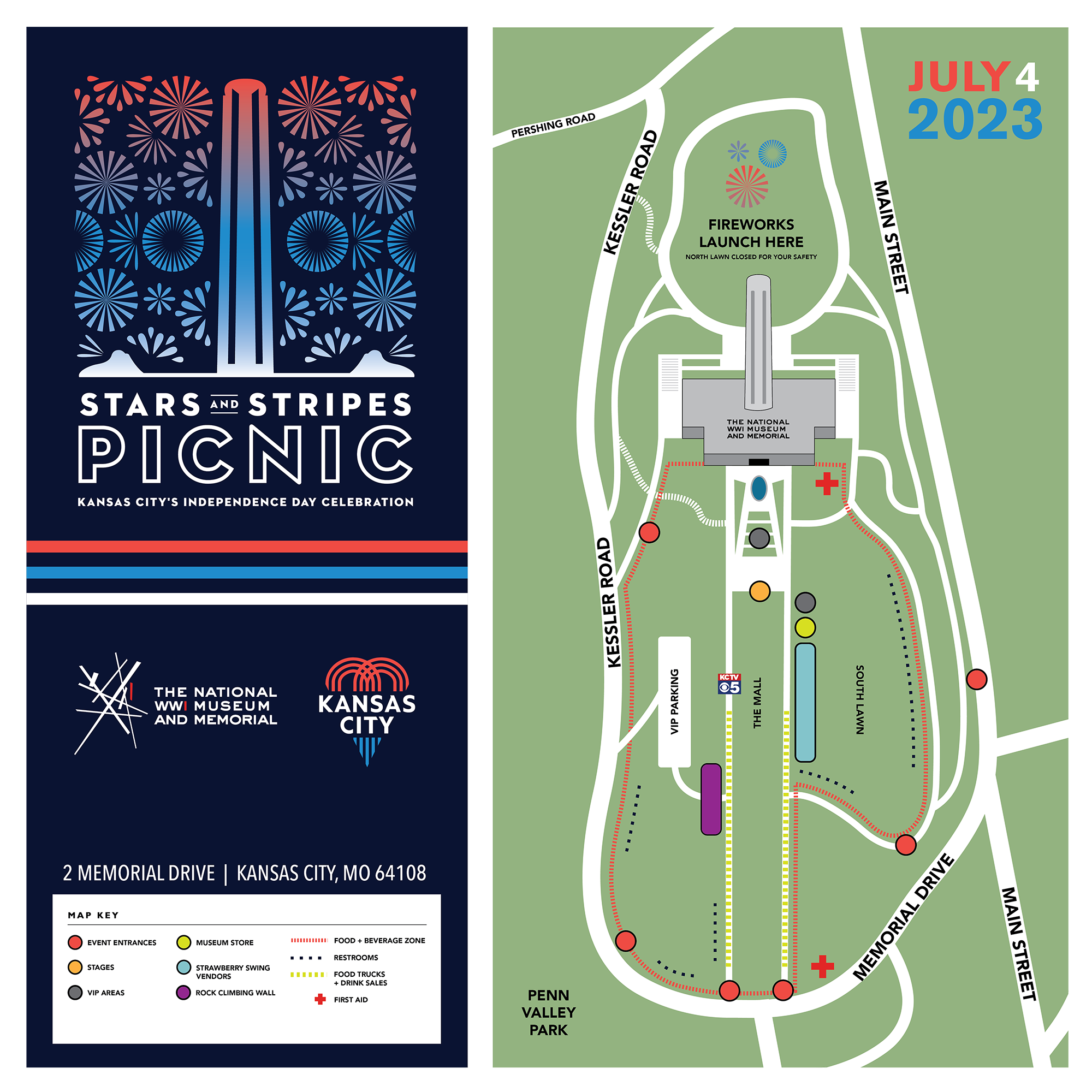 Map of Museum grounds with locations of first aid, food, entrances, parking and fireworks.