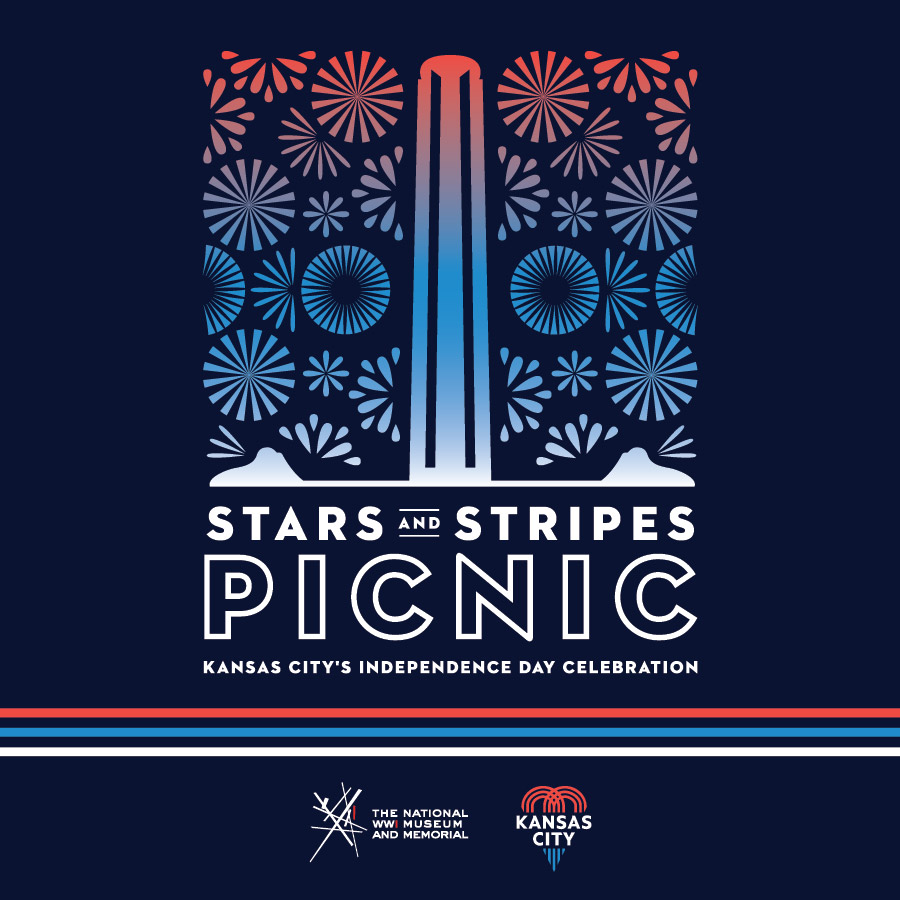 Stylized graphics of fireworks surrounding a stylized Liberty Memorial Tower, in red, white and blue. Text: 'Stars and Stripes Picnic'. Logos: the Museum and Memorial logo; the Kansas City, MO logo.