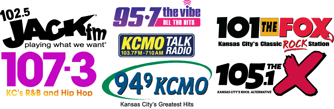 Logos: 102.5 JACK FM; 95.7 The Vibe; 101 The Fox; 107.3; KCMO Talk Radio; 94.9 KCMO; 105.1 The X