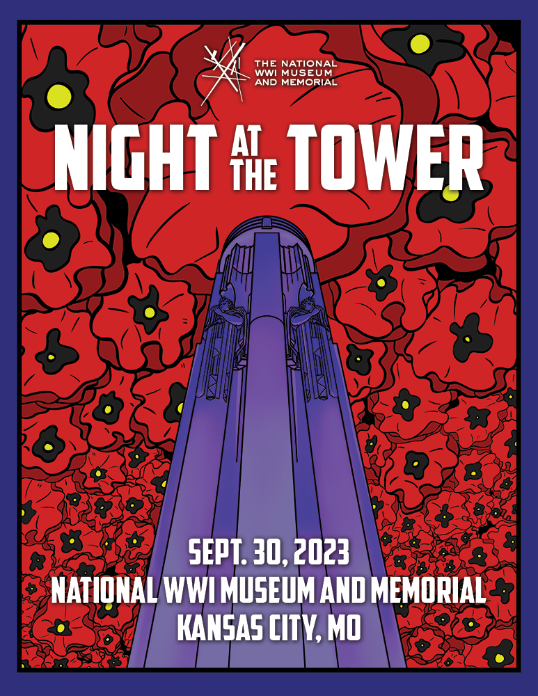 Stylized purple graphic of the Liberty Memorial Tower over a background of red poppies. Text: 'Night at the Tower / Sept. 30, 2023 / National WWI Museum and Memorial / Kansas City, MO'