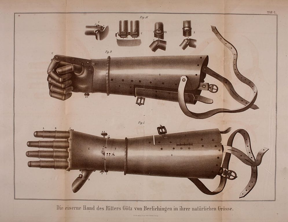 Vintage document of blueprints for a mechanical iron hand, including detailed drawings of finger joints