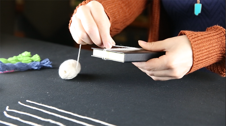 A person wrapping yarn around a small book