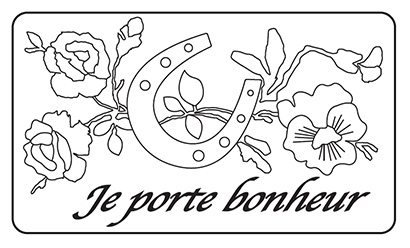 Black line art on white background of flowers and a horseshoe. Text in black calligraphy: 'Je porte bonheur'