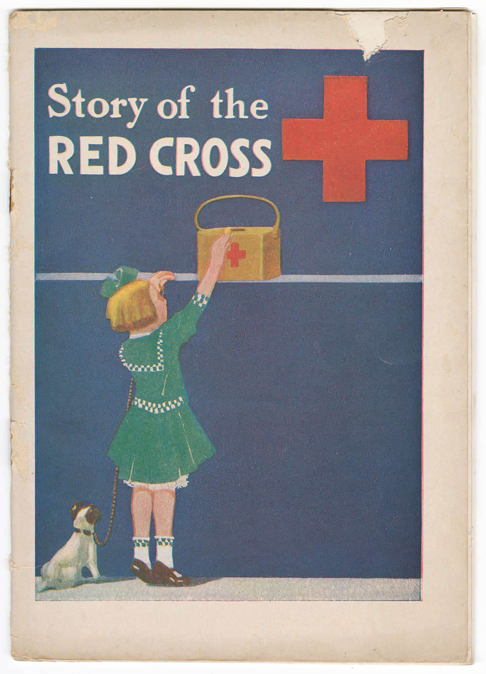 Cover of a pamphlet illustrating a young white girl in a green dress reaching up to a high shelf for a satchel labeled with a red cross. Text: 'Story of the Red Cross'