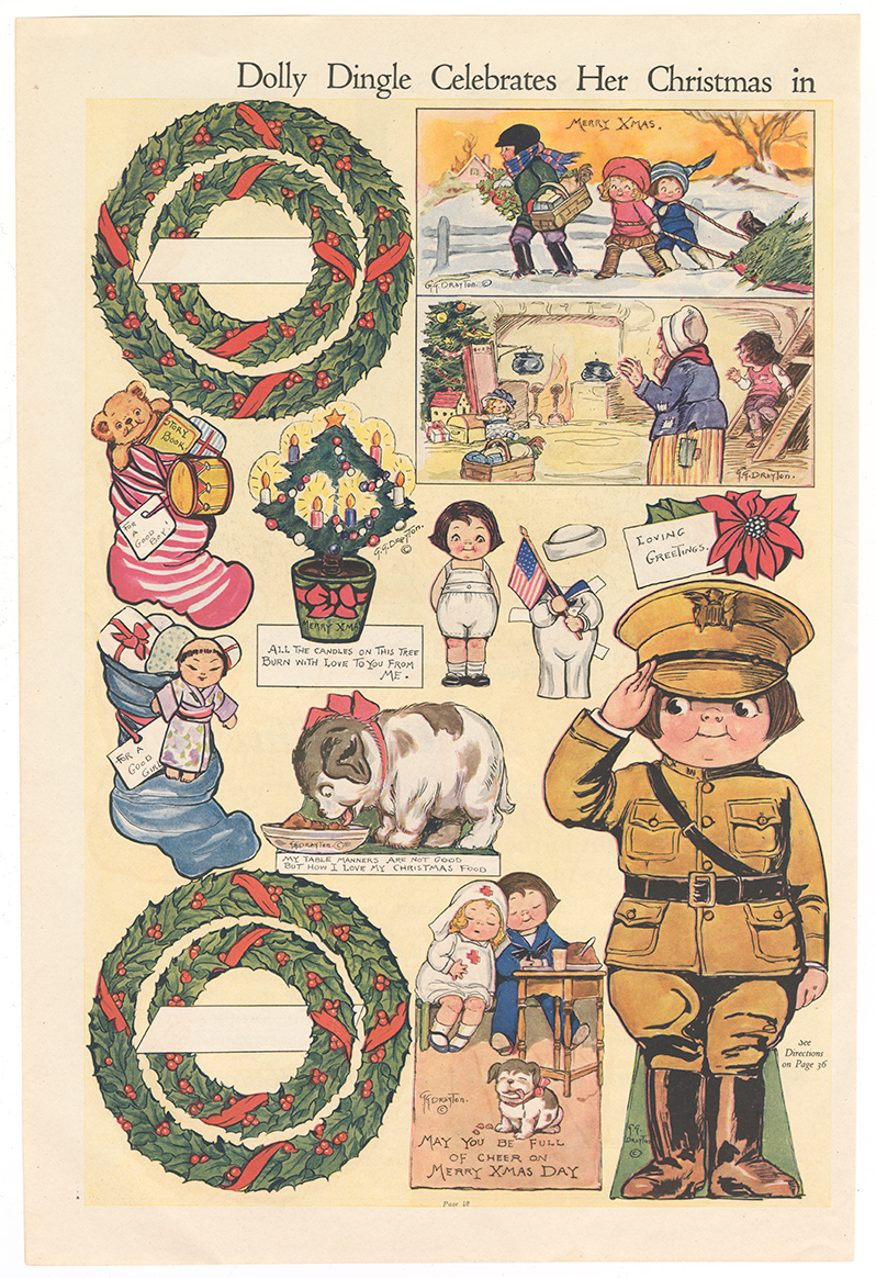 Colorful page filled with illustrations of a cartoon brunette white girl dressed in various outfits and engaged in various activities. The most prominent illustration is of her saluting while in military uniform.