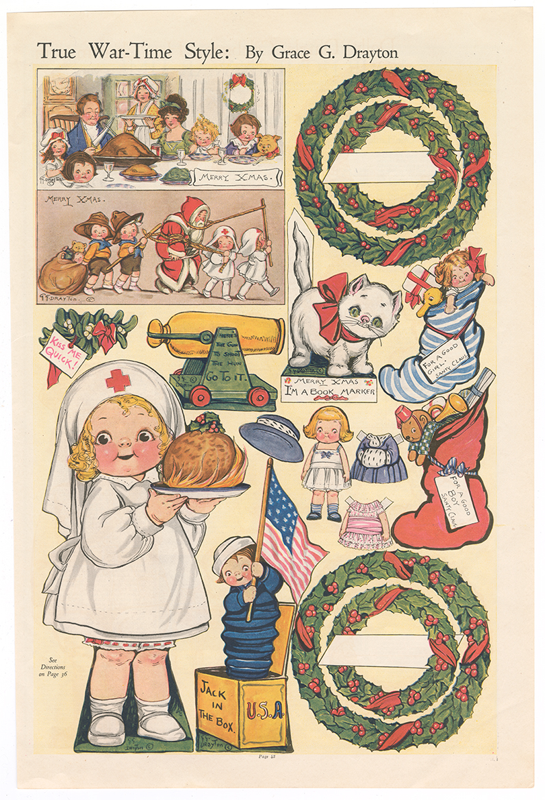 Colorful page full of illustrations of a cartoon blonde white girl dressed in various outfits and doing various activities. The most prominent illustration is of her dressed in a white Red Cross nurse uniform holding up a roast turkey on a platter.