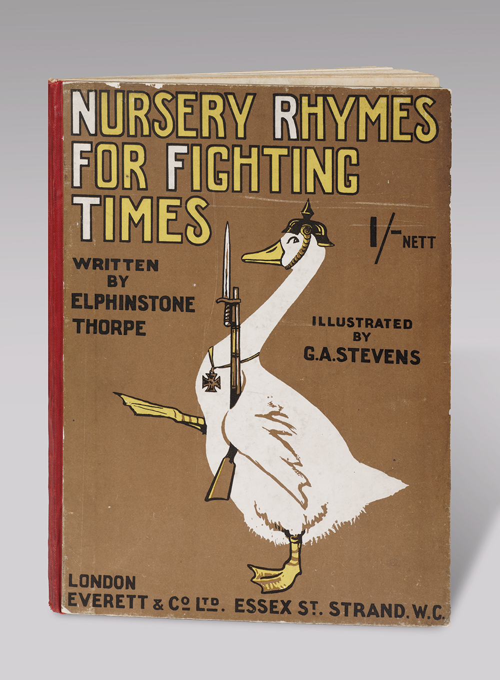 Front cover of a story book. Image: illustration of a goose-stepping goose wearing a German pickelhaube (spiked) helmet and iron cross pendant, holding a rifle with its wing. Text: 'Nursery Rhymes for Fighting Times'
