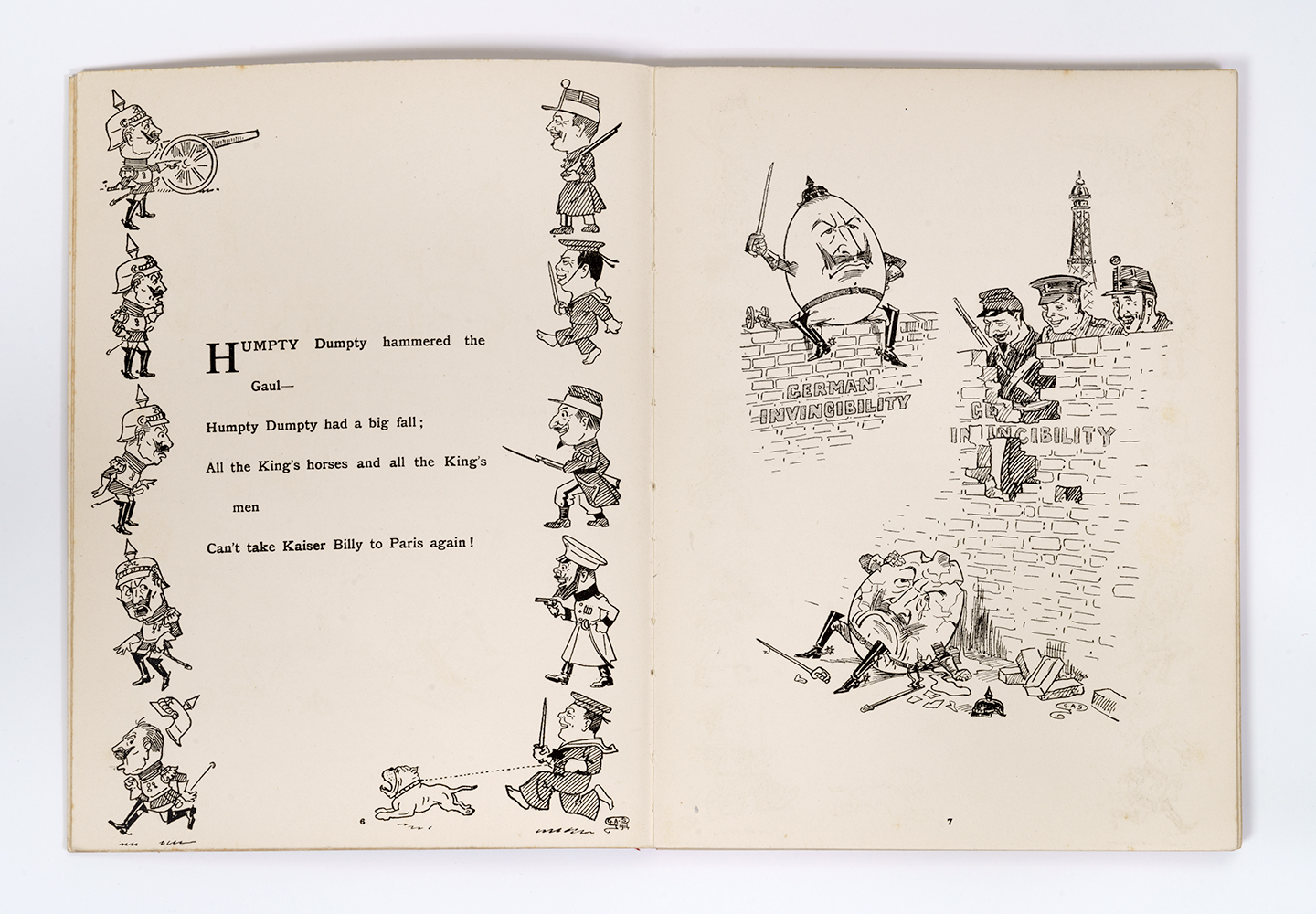 Two pages of a storybook. Left page text: 'Humpty Dumpty hammered the Gaul— / Humpty Dumpty had a big fall; / All the King's horses and all the King's men / Can't take Kaiser Billy to Paris again!' Right page illustrations: 1) A large egg-man with a mustache and German spiked helmet sits atop a wall waving a saber. 2) The wall has been collapsed. Human Allied soldiers look down through the gap laughing at the egg-man who lies smashed to pieces (and angry about it) on the ground.