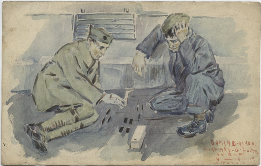 Watercolor painting of two WWI soldiers, one dressed in blue uniform and the other dressed in green uniform, seated casually next to a ship bulkhead, playing dominos.