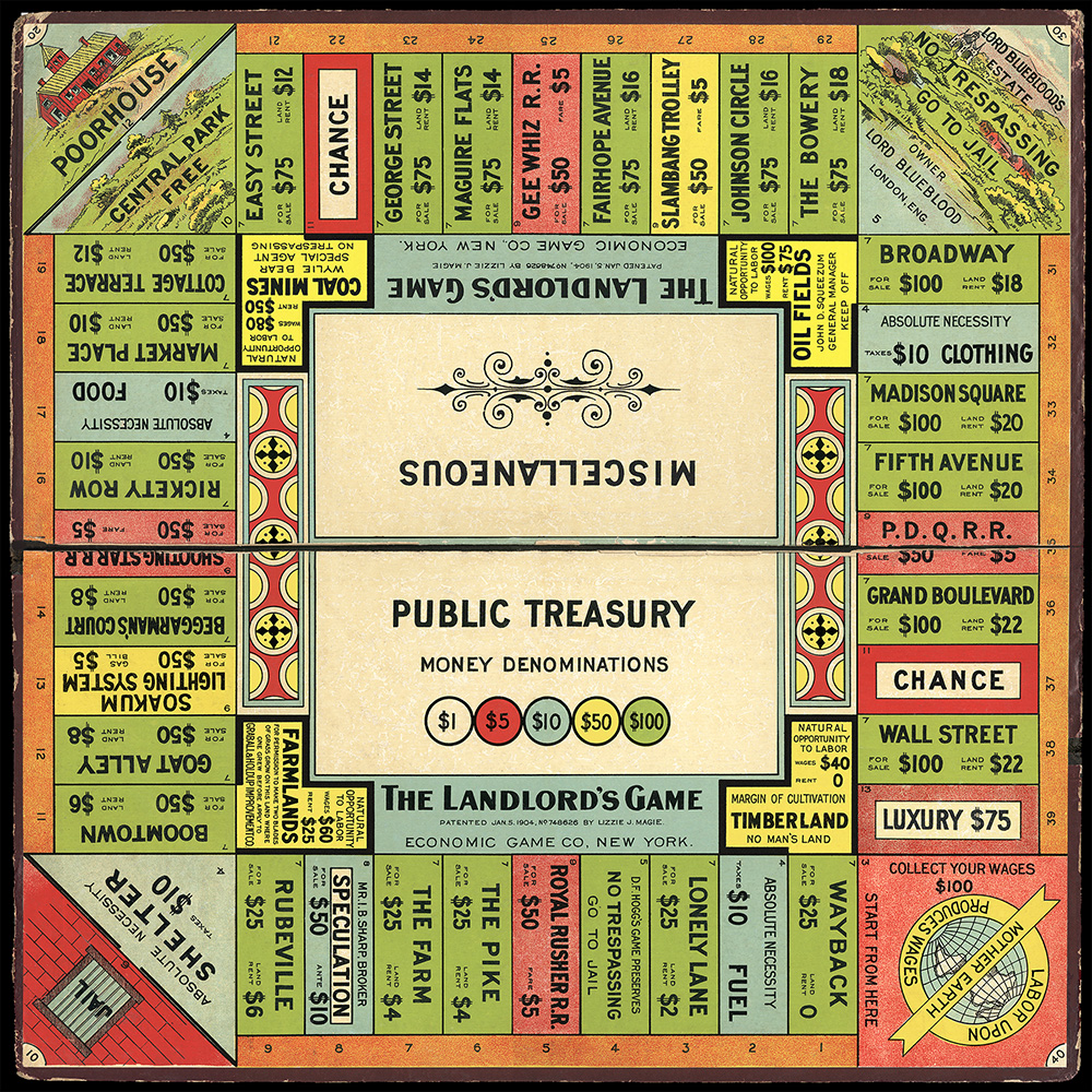 Old game board in bright colors. The outer ring of rectangles are marked with street names and other destinations. The inner ring of rectangles are labeled with industry names and spaces for cards. The inner rectangles are labeled 'Public Treasury' and 'Miscellaneous'