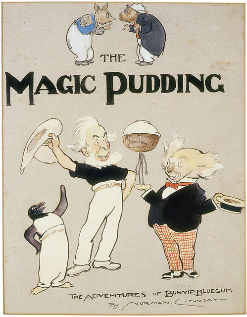 Book cover illustrated with a white-bearded man waving his wide-brimmed hat surrounded by a fantastical kangaroo, wallaby, penguin and koala dressed in human clothes. The koala is holding an upside-down bowl of pudding. The pudding has a face. Text: 'The Magic Pudding'