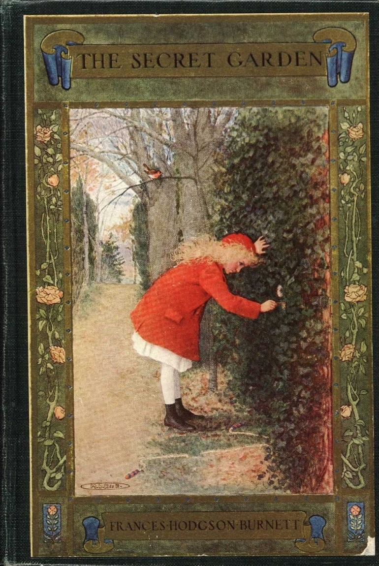 Book cover with an illustration of a tall garden hedge. A girl in a red coat is bent over reaching toward a barely visible doorknob in the hedge. Text: 'The Secret Garden'