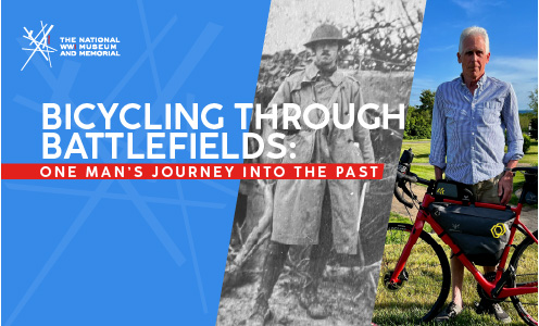 Left image: black and white WWI-era photograph of a young white man in combat gear posing for a photo outdoors. Right image: Modern color photo of a white man with silver hair standing in a field with a bicycle.