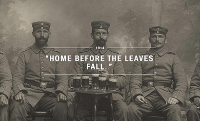 Image: Three men dressed in military uniform sitting for a photograph portrait facing the viewer. Text: Home Before the Leaves Fall.