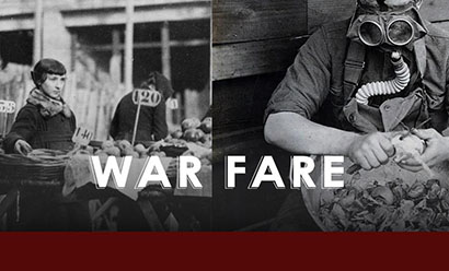 Two black and white photos side by side. The left photo shows three women selling or buying food at an outdoor market. The right photo shows a person wearing a gas mask while peeling a root vegetable with a knife. Text: War Fare.