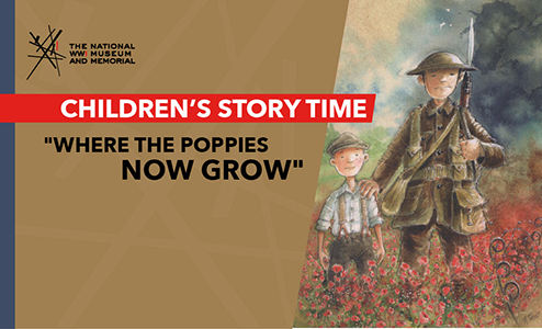 Image : Détail d'une couverture de livre de contes illustrant un soldat de la Première Guerre mondiale avec sa main sur l'épaule d'un garçon en civil, tous deux debout dans un champ de coquelicots. Texte : « L'heure du conte pour enfants / Là où poussent maintenant les coquelicots »