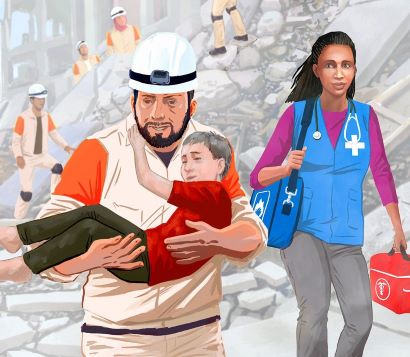 Œuvre d'art montrant un secouriste portant un enfant, suivi d'un travailleur médical. En arrière-plan, un groupe de secouristes fouille les décombres.