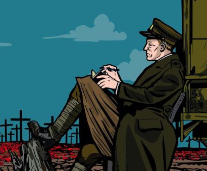 Œuvre montrant un soldat en uniforme, se reposant derrière un camion, écrivant dans un petit journal.