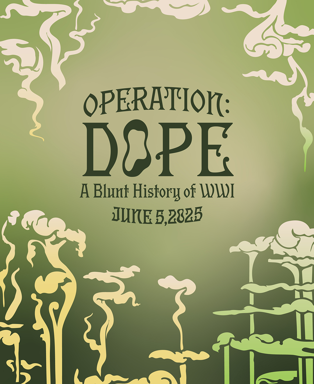 Surreal graphics of smoke tendrils on a green background