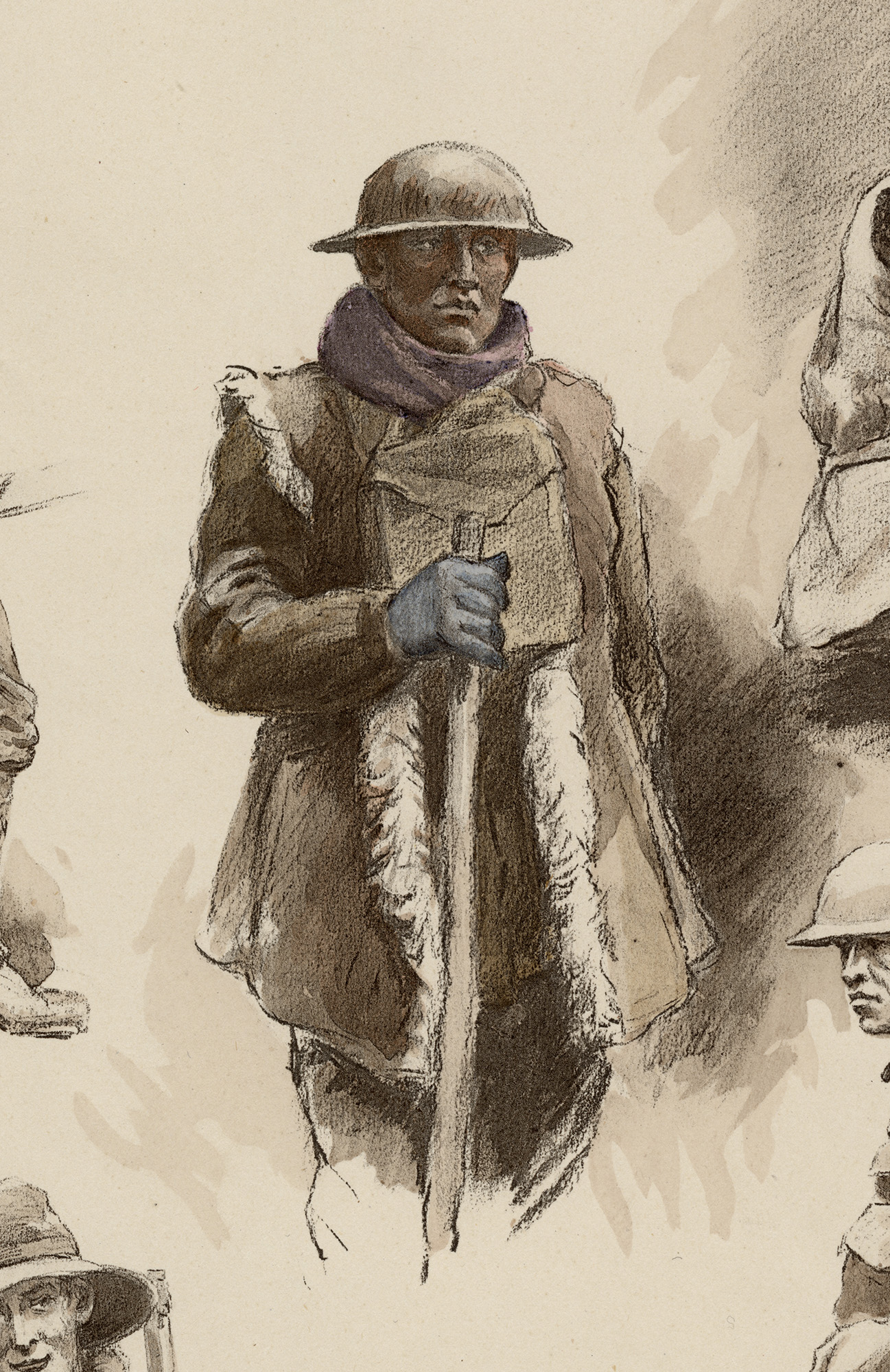 Croquis à l'aquarelle d'un homme portant un manteau doublé de peau de mouton, un casque en acier et une écharpe