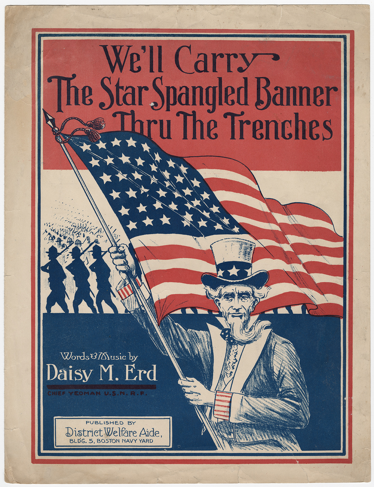 Illustration of Uncle Sam carrying a large U.S. flag as soldiers march in the background