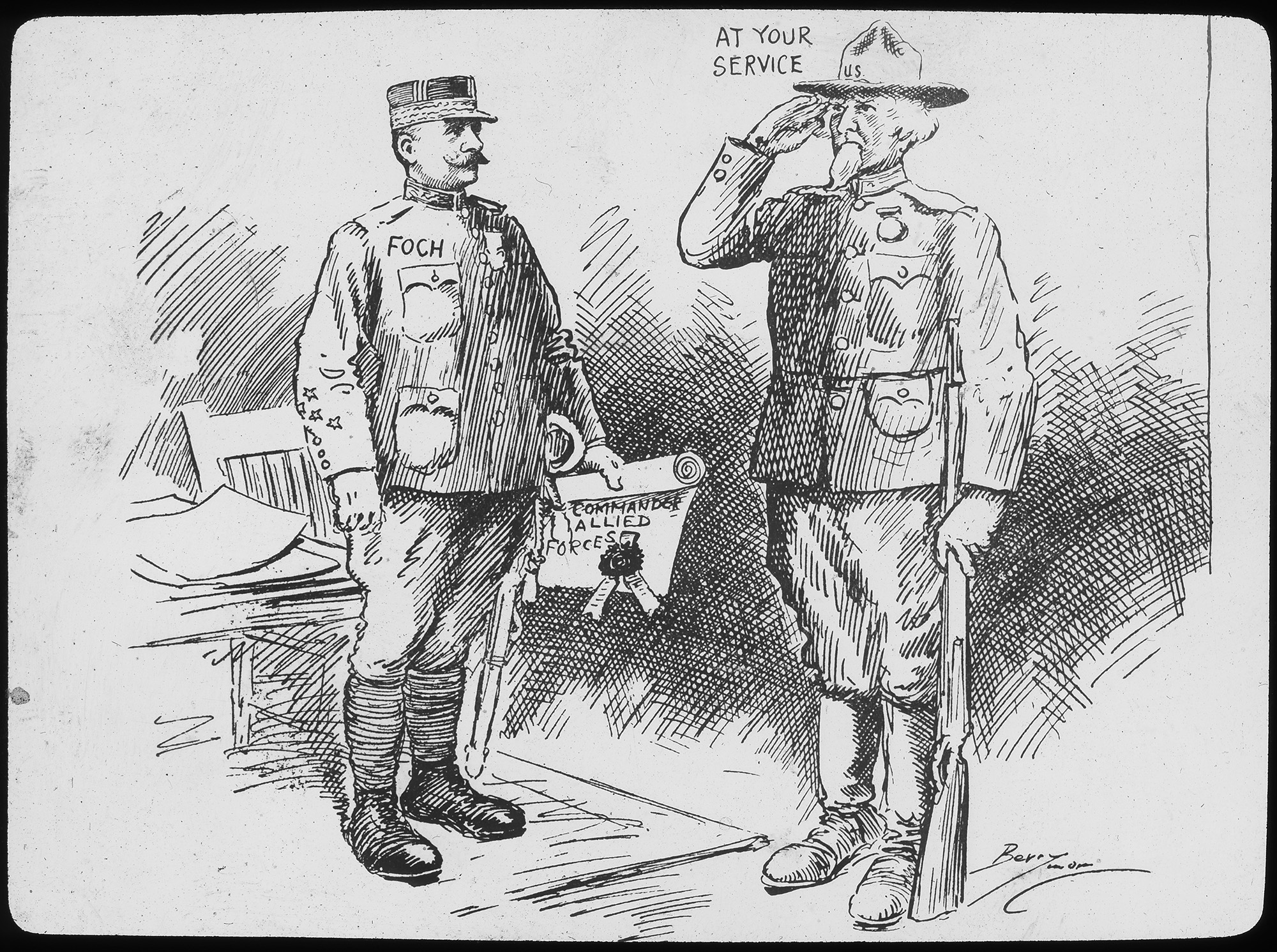 Black and white cartoon depicting Uncle Sam dressed as a doughboy saluting a mustached man also in military uniform