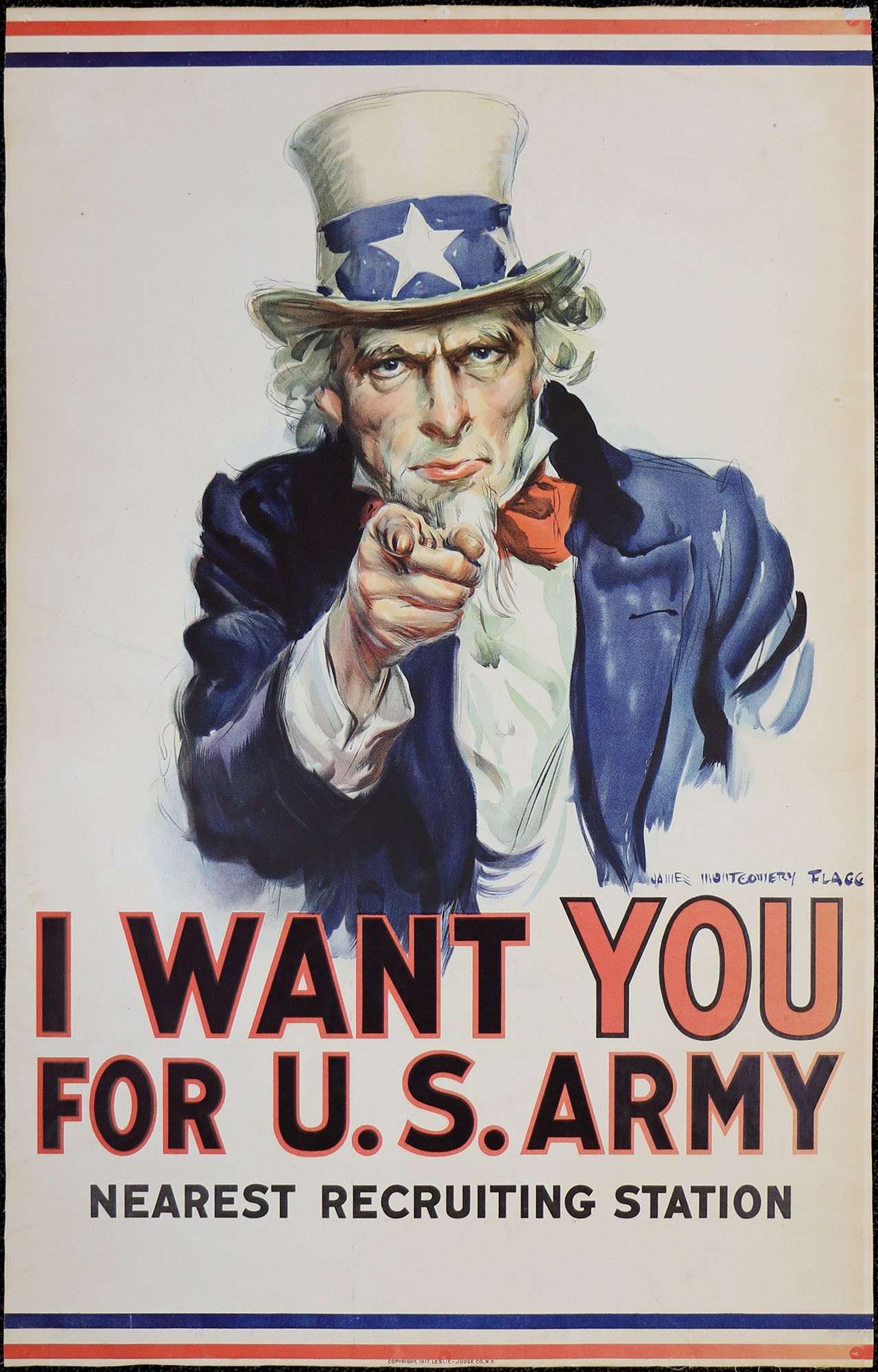 Poster depicting a painting of a white man with white hair and goatee, dressed in a red, white and blue suit and top hat, pointing at the viewer. Text: 'I Want YOU For U.S. Army / Nearest Recruiting Station'