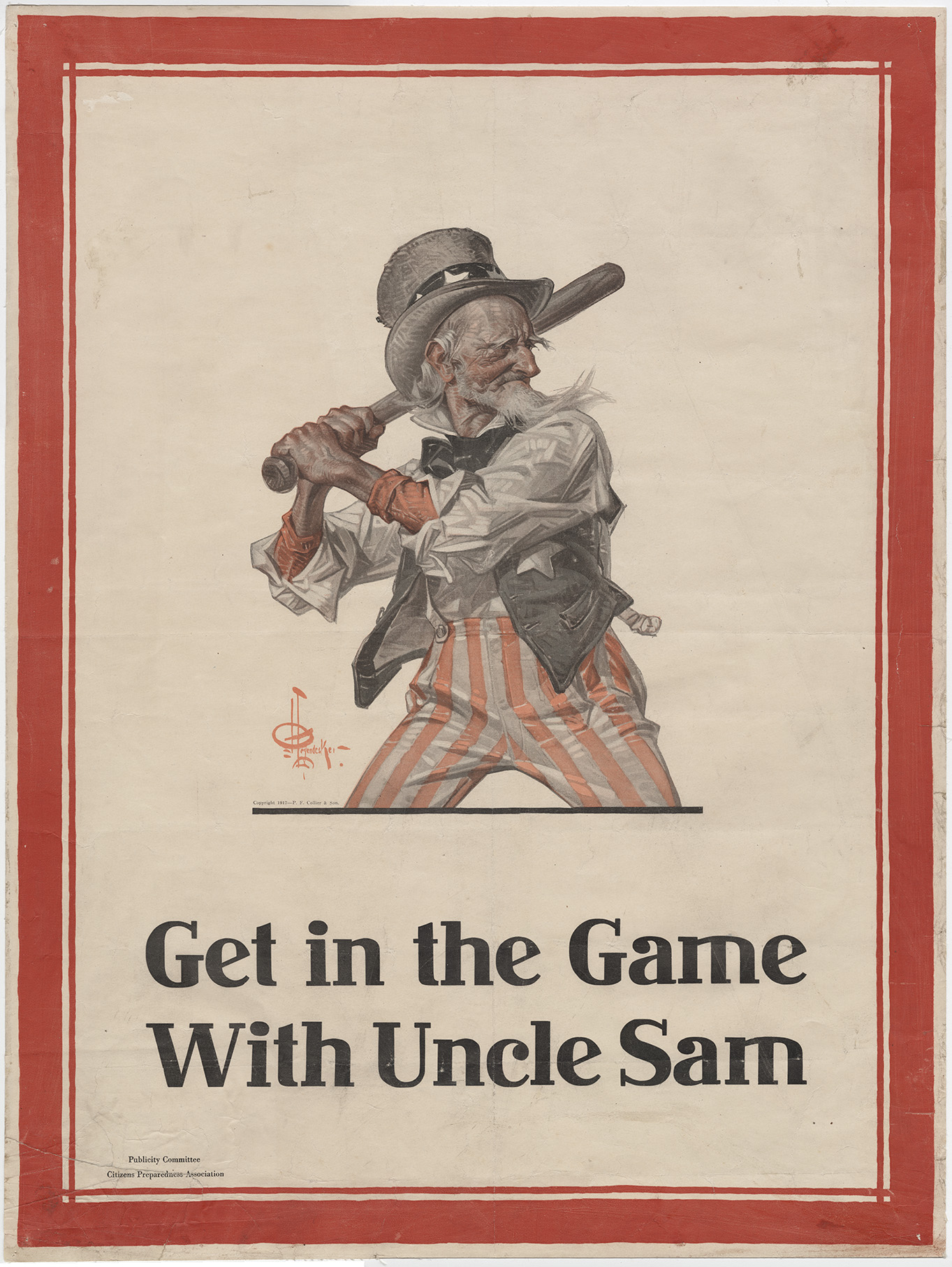 Poster depicting a white man with a white goatee and white hair wearing red, white and blue waistcoat and trousers, holding a baseball bat in a batter's stance. Text: 'Get in the Game With Uncle Sam'